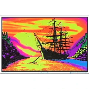 Sunset Bay Ship Flocked Blacklight Poster - 35" x 23"