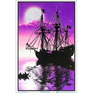 Moonlit Pirate Ghost Ship Flocked Blacklight Poster - 23" x 35"