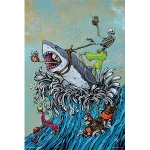 Great White Skeleton Surfer Poster - 24" x 36"