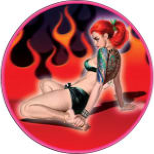Flaming Pin-Up Sticker - 2 1/2" Round - Clearance