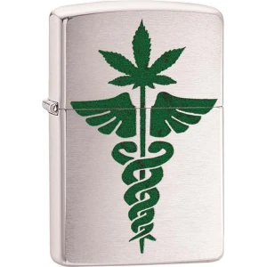 Medical Marijuana Leaf Zippo Lighter - Brushed Chrome