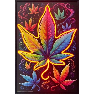 Herbal Cannabis Leaf Framed LED Neon Light Canvas Print - 24" x 36"