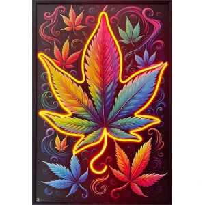 Herbal Cannabis Leaf Framed LED Neon Light Canvas Print - 24" x 36"