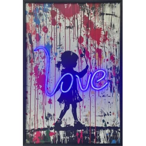 Love Girl Banksy Type Framed LED Neon Light Canvas Print - 24" x 36"