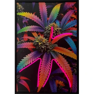Herbal Cannabis Leaves Framed LED Neon Light Canvas Print - 24" x 36"