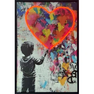 Love Boy Banksy Style Framed Neon Light Canvas Print - 24" x 36"